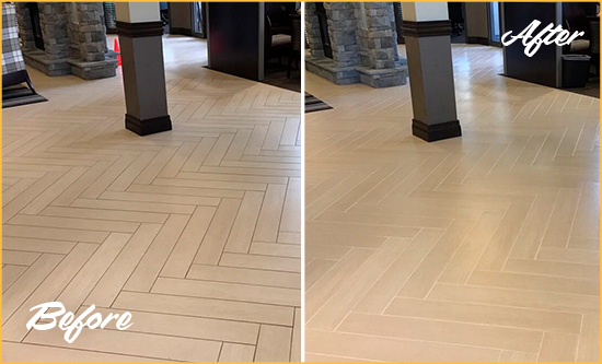 Before and After of a Grout Cleaning in an Office Tile Floor