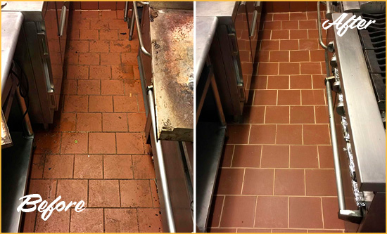 Before and After Picture of a Piney Grove Restaurant Kitchen Tile and Grout Cleaned to Eliminate Dirt and Grease Build-Up