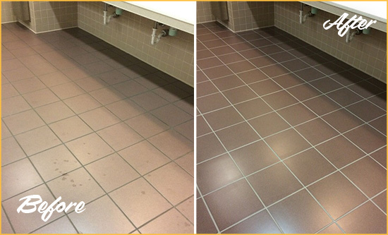 Before and After Picture of a Piney Grove Restrooms Tile and Grout Cleaned to Remove Embedded Dirt