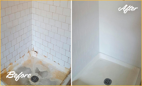 Before and After Picture of a Piney Grove Shower Tile and Grout Cleaned to Remove Soap Scum