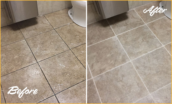 Before and After Picture of a Piney Grove Restroom Tile and Grout Cleaned to Remove Soil