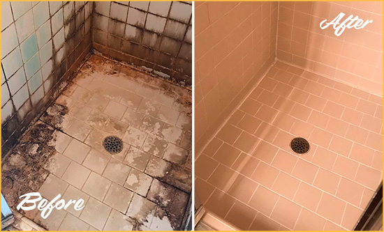 Before and After Picture of a Piney Grove Shower Tile and Grout Cleaned to Repair Water Damage