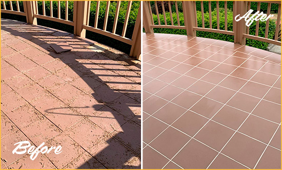 Before and After Picture of a Cheeks Hard Surface Restoration Service on a Tiled Deck