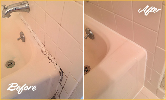 Before and After Picture of a Cheeks Hard Surface Restoration Service on a Tile Shower to Repair Damaged Caulking