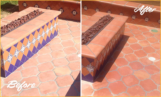 Before and After Picture of a Cheeks Hard Surface Restoration Service on a Dull Terracotta Patio Floor to Recover Its Color