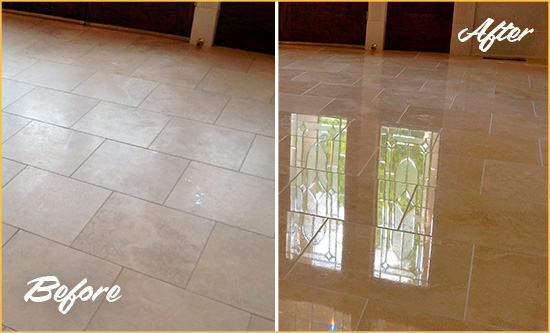 Before and After Picture of a Cheeks Hard Surface Restoration Service on a Dull Travertine Floor Polished to Recover Its Splendor