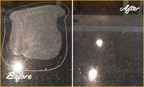 Before and After Picture of a Cheeks Hard Surface Restoration Service on a Granite Countertop to Remove Scratches