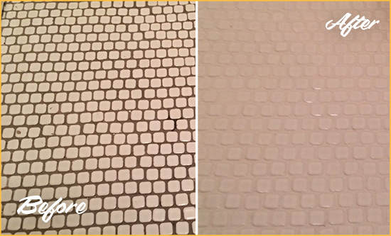 Before and After Picture of a Cheeks Hard Surface Restoration Service on a Bathroom Tile Floor Recolored to Fix Grout Color