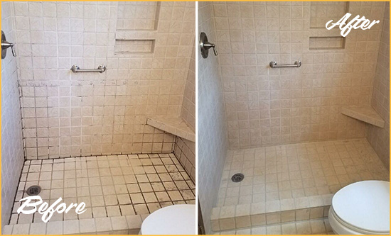 Before and After Picture of a Hurdle Mills Shower Grout Cleaned to Remove Mold