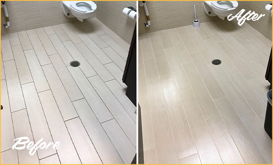 Before and After Picture of a Hurdle Mills Office Restroom's Grout Cleaned to Remove Dirt