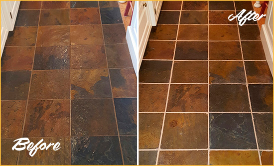 Before and After Picture of Hurdle Mills Slate Floor Grout Cleaned to Remove Dirt