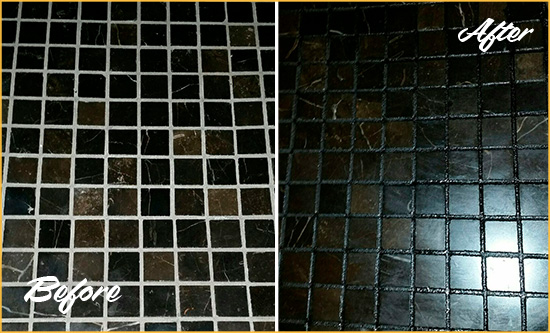 Before and After Picture of a Efland Black Floor with Recolored Grout