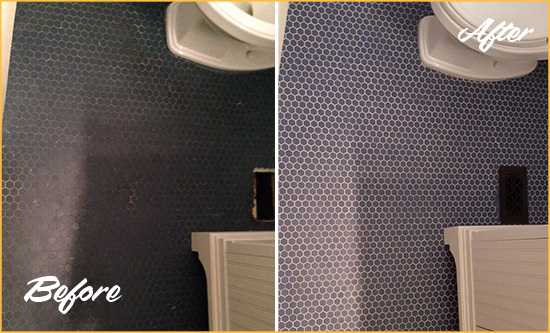 Before and After Picture of a Efland Blue Tile Floor Recolored Grout