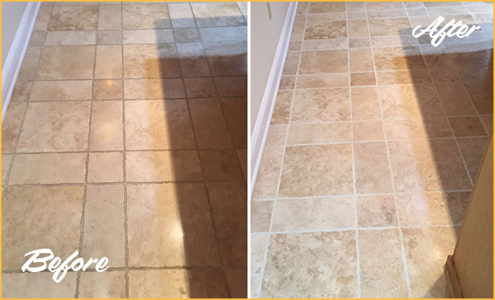 Before and After Picture of a Efland Travertine Kitchen Floor Recolored Grout