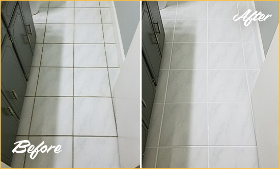 Before and After Picture of a Efland White Ceramic Tile with Recolored Grout