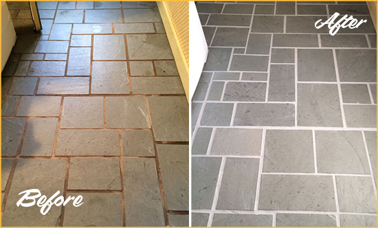 Before and After Picture of Damaged Moncure Slate Floor with Sealed Grout