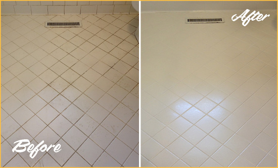 Before and After Picture of a Moncure White Bathroom Floor Grout Sealed for Extra Protection