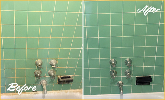 Before and After Picture of a Moncure Bath Tub Grout Sealed to Avoid Water Damage