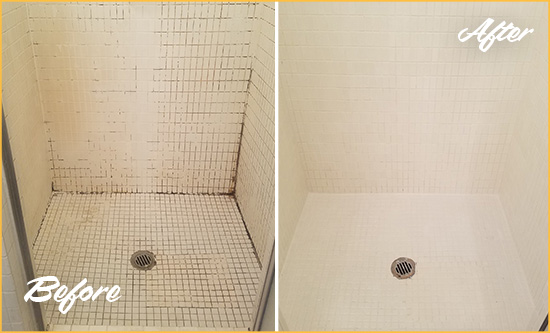 Before and After Picture of a Moncure Bathroom Grout Sealed to Remove Mold