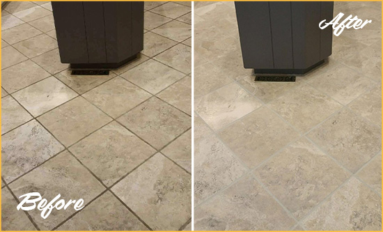 Before and After Picture of a Moncure Kitchen Floor Grout Sealed to Remove Stains