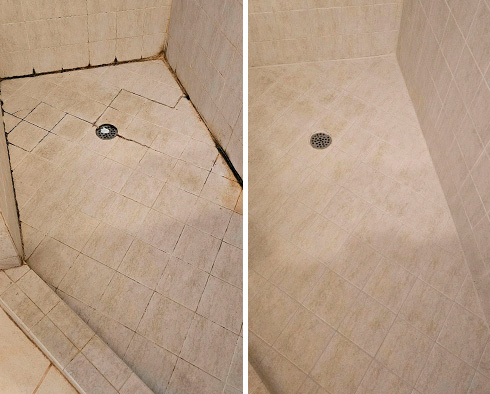 Shower Floor and Seams Before and After a Service from Our Tile and Grout Cleaners in Durham