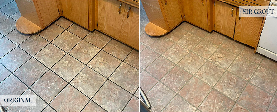 Kitchen Floor Before and After a Grout Recoloring in Chapel Hill, NC